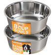Two stainless steel dog bowls with Neater Feeder branding on a white background