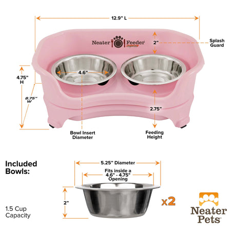 A chart showing the dimensions of the Neater Feeder Express small as well as the stainless steel bowls against a white background.