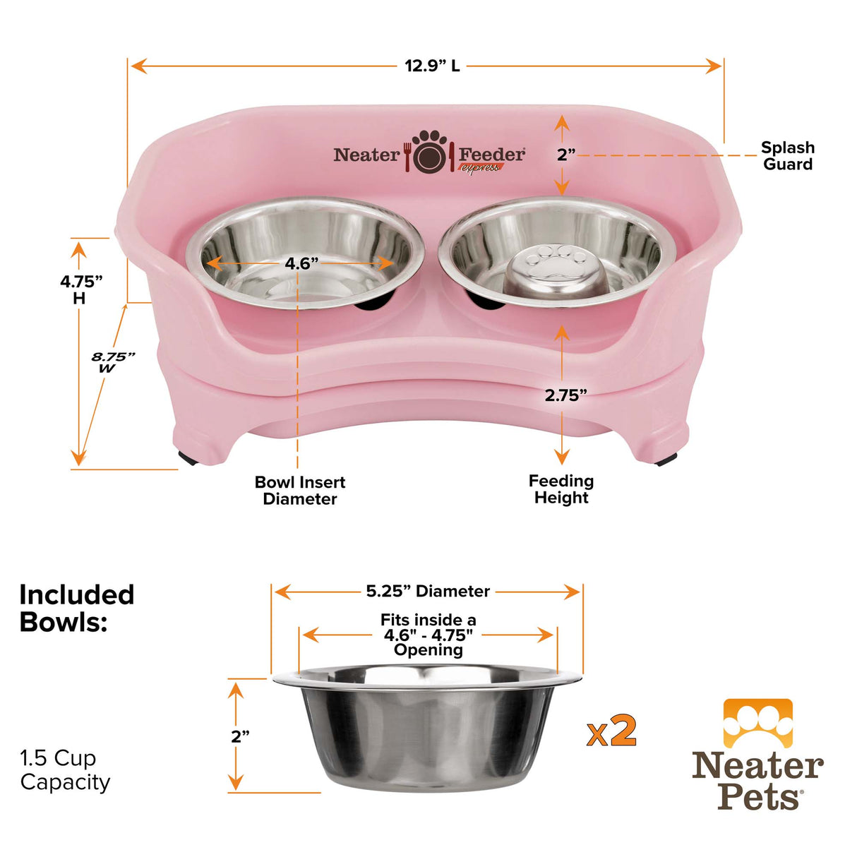 Dimensions of cat to small dog Almond EXPRESS Neater Feeder, 3/4 cup Stainless Steel Slow Feed Bowl, and 1.5 cup water bowl