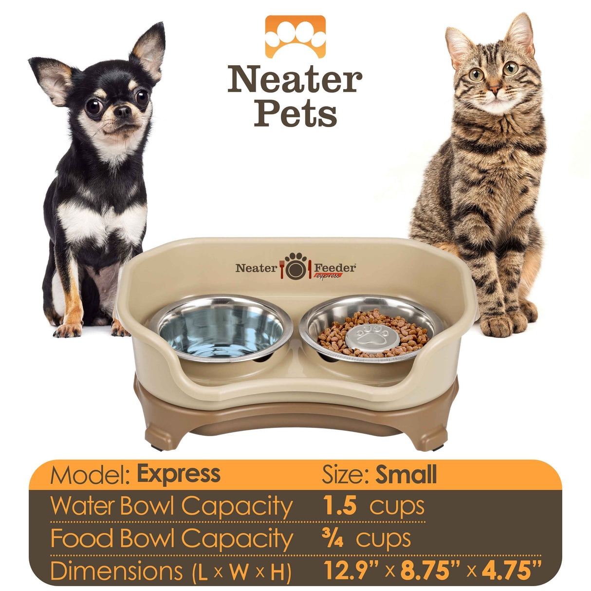 Information about the Cappuccino cat to small dog EXPRESS Neater Feeder with Stainless Steel Slow Feed Bowl