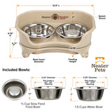 Dimensions of cat to small dog Almond EXPRESS Neater Feeder, 3/4 cup Stainless Steel Slow Feed Bowl, and 1.5 cup water bowl