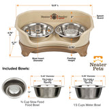 Dimensions of cat to small dog Cappuccino EXPRESS Neater Feeder, 3/4 cup Stainless Steel Slow Feed Bowl, and 1.5 cup water bowl