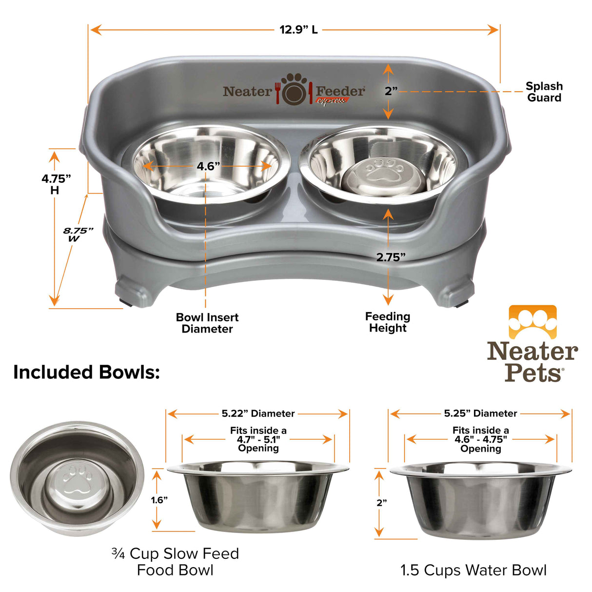 Dimensions of cat to small dog gunmetal EXPRESS Neater Feeder, 3/4 cup Stainless Steel Slow Feed Bowl, and 1.5 cup water bowl