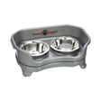 Gunmetal cat to small dog EXPRESS Neater Feeder with Stainless Steel Slow Feed Bowl and a regular water bowl against a white background.