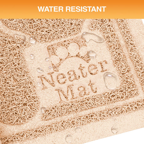 Water-resistant mat with 'Neater Mat' branding and water droplets on a textured surface.