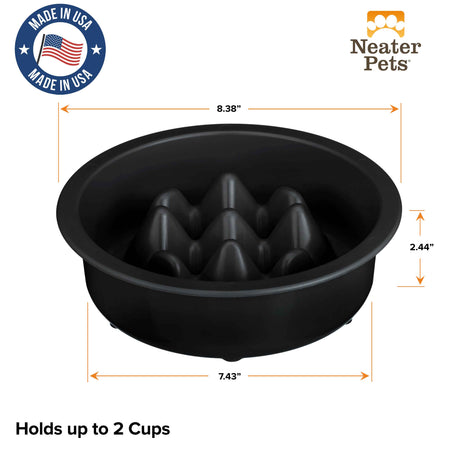 Diagram of The Niner with the dimensions. The bowl can up to 2 cups of food and is made in the USA.