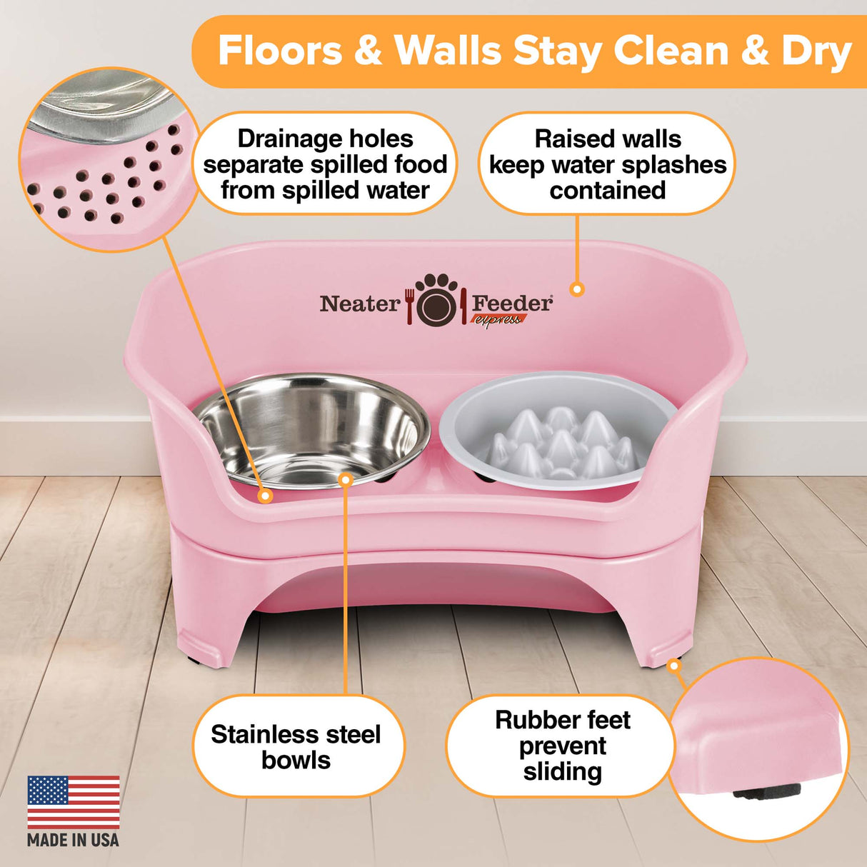 Pink Neater Feeder with features highlighted on a wooden floor.