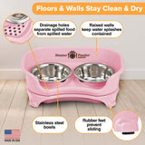 Picture explaining the benefits of the Neater Feeder: drainage holes, raised walls, stainless steel bowls, and rubber feet. 