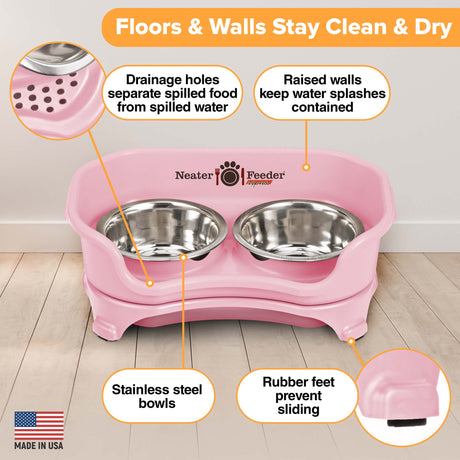 Picture explaining the benefits of the Neater Feeder: drainage holes, raised walls, stainless steel bowls, and rubber feet. 