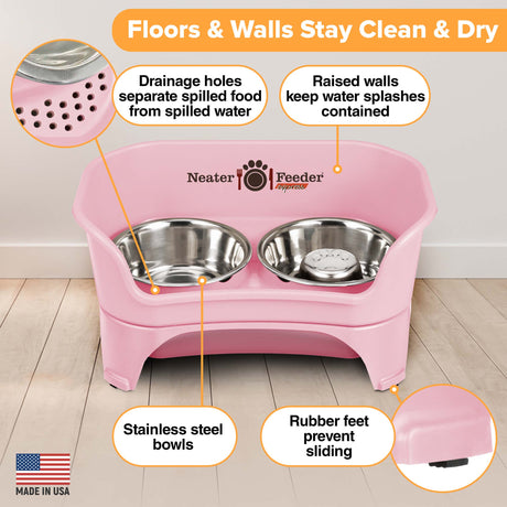 Picture explaining the benefits of the Neater Feeder: drainage holes, raised walls, stainless steel bowls, and rubber feet. 