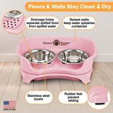 Picture explaining the benefits of the Neater Feeder: drainage holes, raised walls, stainless steel bowls, and rubber feet. 