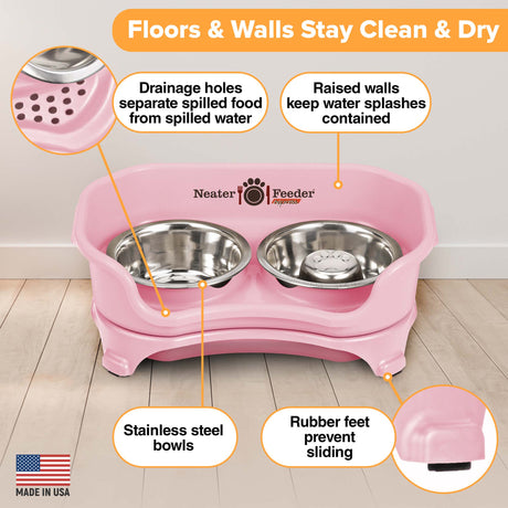 Picture explaining the benefits of the Neater Feeder: drainage holes, raised walls, stainless steel bowls, and rubber feet. 