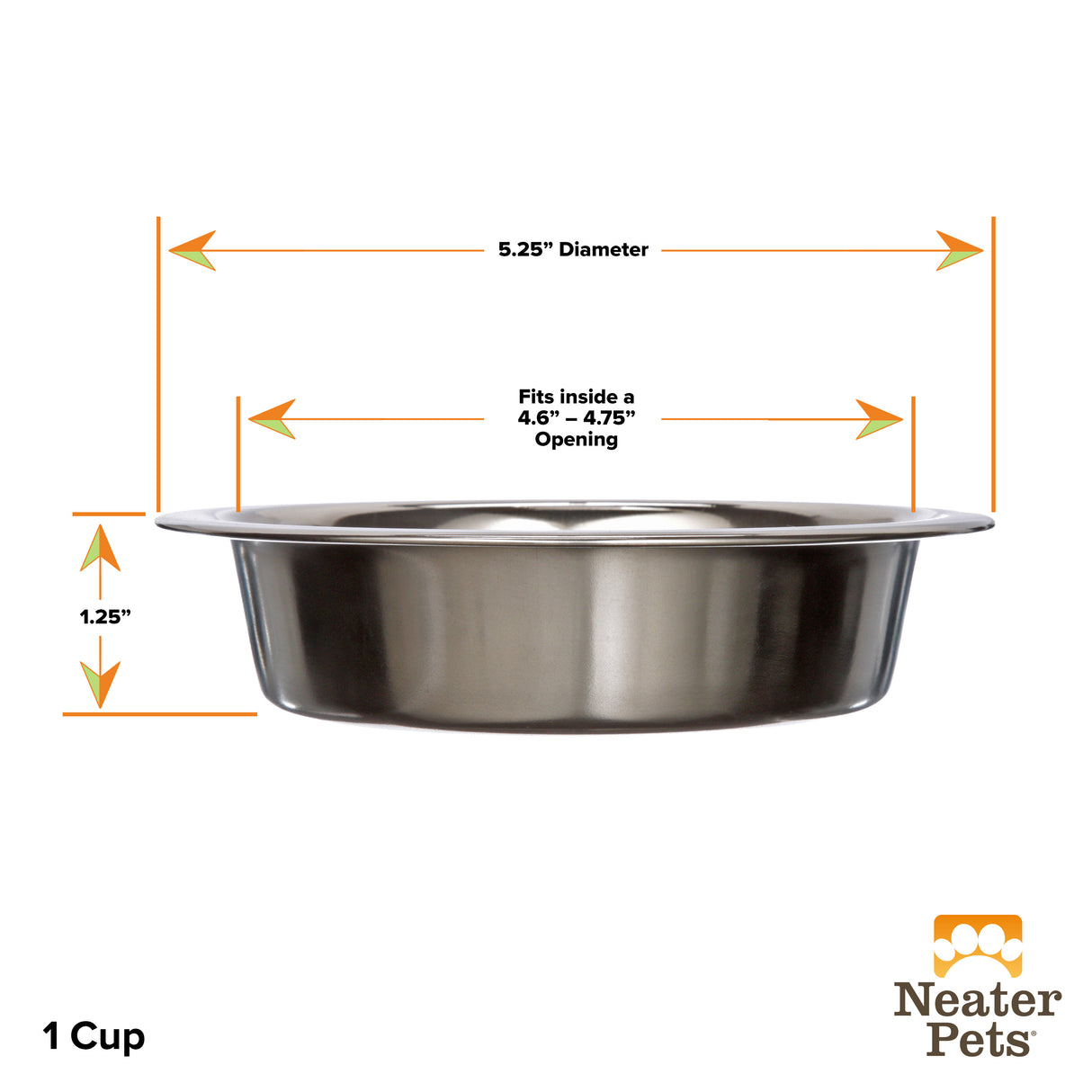 Neater Pets Stainless Steel Hungry Dog Bowl, Grey, 2 Cups, Size: 5.38 Diameter x 1.69 Tall, Gray
