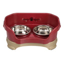  Cat Deluxe Neater Feeder in Cranberry with two stainless steel bowls against a white background.
