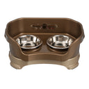 Deluxe Cat Bronze raised Neater Feeder dog bowls with two stainless steel bowls against a white background.
