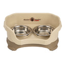 Deluxe Cat Cappuccino raised Neater Feeder dog bowls with two stainless steel bowls against a white background.