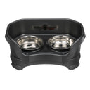 Deluxe Cat Midnight Black raised Neater Feeder dog bowls with two stainless steel bowls against a white background.