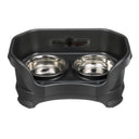 Cat Deluxe Neater Feeder in Midnight Black with two stainless steel bowls against a white background.
