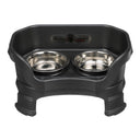 Deluxe Neater Feeder cat in Midnight Black with leg extensions with two stainless steel bowls against a white background.