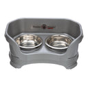 Deluxe Cat Gunmetal Grey raised Neater Feeder dog bowls with two stainless steel bowls against a white background.