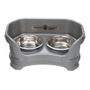 Cat Deluxe Neater Feeder in Gunmetal grey with two stainless steel bowls against a white background.