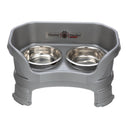 Deluxe Cat Neater Feeder with leg extensions in Gunmetal Grey with two stainless steel bowls against a white background.