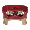 Deluxe Cat Neater Feeder with leg extensions in Cranberry with two stainless steel bowls against a white background.
