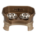 Deluxe Cat Neater Feeder with leg extensions in Bronze with two stainless steel bowls against a white background.