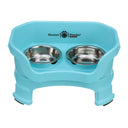 Deluxe Cat Neater Feeder with leg extensions in Aqua with two stainless steel bowls against a white background.