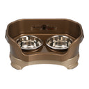 Deluxe Small Dog Bronze raised Neater Feeder Dog Bowls with two stainless steel bowls against a white background.