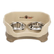 Deluxe Small Dog Cappuccino raised Neater Feeder Dog Bowls with two stainless steel bowls against a white background.