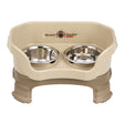 Deluxe Small Neater Feeder with leg extensions in Cappuccino with two stainless steel bowls against a white background.