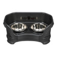 Deluxe Small Dog Midnight Black raised Neater Feeder Dog Bowls with two stainless steel bowls against a white background.