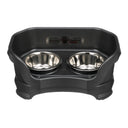 Deluxe Small Dog Midnight Black raised Neater Feeder Dog Bowls with two stainless steel bowls against a white background.