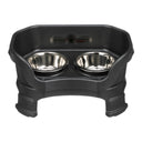 Deluxe Small Dog Midnight Black raised Neater Feeder with leg extensions dog bowls with two stainless steel bowls against a white background.