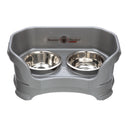 Deluxe Small Dog Gunmetal Grey raised Neater Feeder Dog Bowls with two stainless steel bowls against a white background.