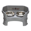 Deluxe Small Dog Gunmetal Grey raised Neater Feeder with leg extensions dog bowls with two stainless steel bowls against a white background.