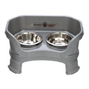 Deluxe Small Dog Gunmetal Grey raised Neater Feeder with leg extensions dog bowls with two stainless steel bowls against a white background.