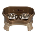Deluxe Small Dog Bronze raised Neater Feeder with leg extensions dog bowls with two stainless steel bowls against a white background.