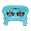 Deluxe Small Dog Aqua raised Neater Feeder with leg extensions dog bowls with two stainless steel bowls against a white background.