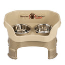 Deluxe Medium Neater Feeder with leg extensions in Cappuccino with two stainless steel bowls against a white background.