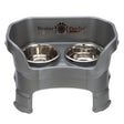 Deluxe Medium Neater Feeder with leg extensions in Gunmetal Grey with two stainless steel bowls against a white background.