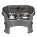Deluxe Medium Neater Feeder with leg extensions in Gunmetal Grey with two stainless steel bowls against a white background.