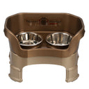 Deluxe Medium Neater Feeder with leg extensions in Bronze with two stainless steel bowls against a white background.