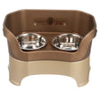 Deluxe Large Dog Bronze raised Neater Feeder dog bowls with two stainless steel bowls against a white background.