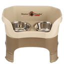 Deluxe Large Dog Cappuccino raised Neater Feeder with leg extensions dog bowls with two stainless steel bowls against a white background.