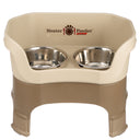 Neater Feeder Deluxe large with leg extensions in Cappuccino with two stainless steel bowls against a white background.