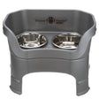 Deluxe Large Neater Feeder with leg extensions in Gunmetal Grey with two stainless steel bowls against a white background.