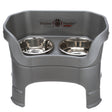 Deluxe Large Dog Gunmetal Grey raised Neater Feeder with leg extensions dog bowls with two stainless steel bowls against a white background.