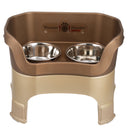 Neater Feeder Deluxe large with leg extensions in Bronze with two stainless steel bowls against a white background.